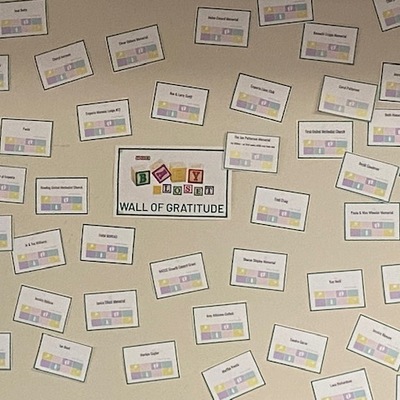 Wall of Gratitude - each donor's name is placed on our wall