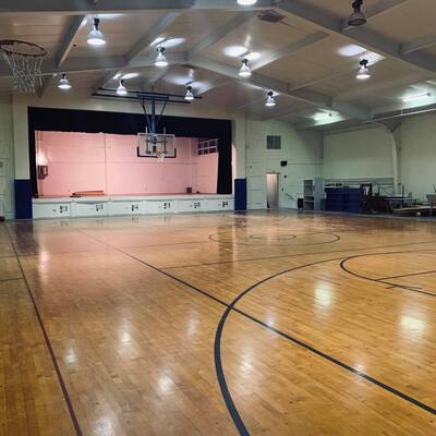 gymnasium entire length, curtains open